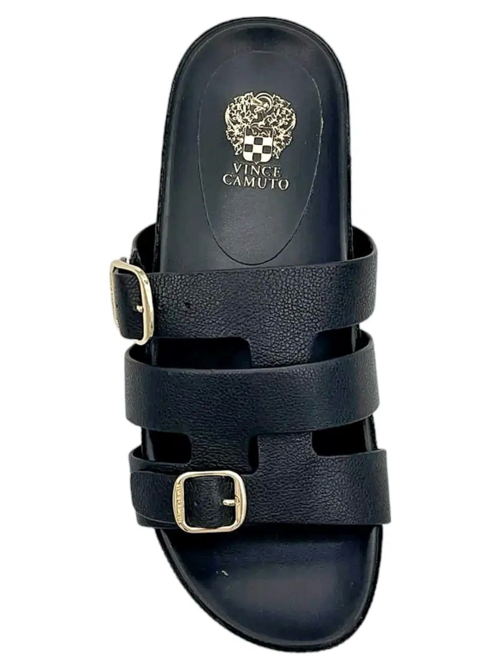 Vince Camuto Freida Black Leather Double Buckle Slide Mules